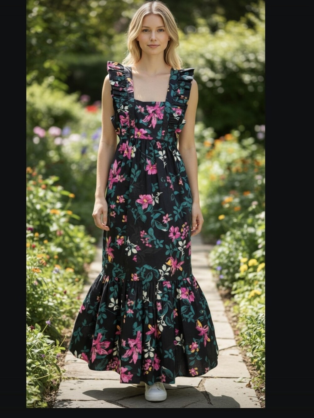 Nwot Signedblake The drop Black/Pink Garden Floral Ruffle Cap Sleeve Maxidress